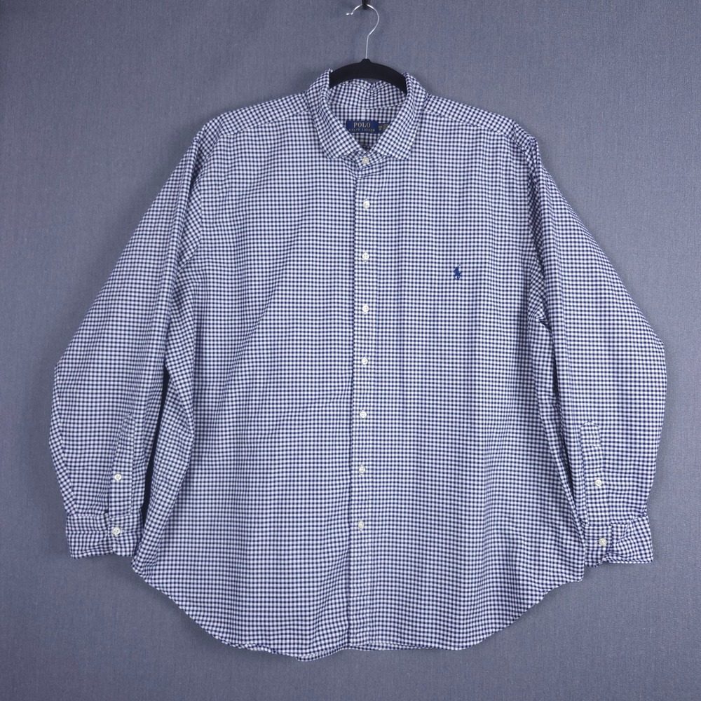 Ralph Lauren Polo Shirt Mens 3XB Blue Gingham Plaid Long Sleeve Button Down